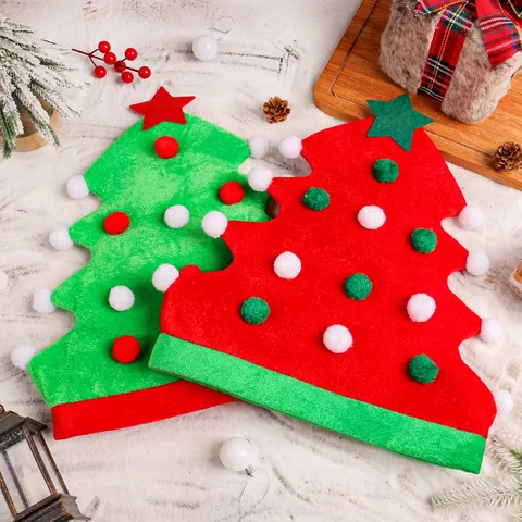 Novelty Christmas Tree Shaped Party Hat Felt Fabric Star Pom Poms Decorated Holiday Headwear For Adults Kids Celebration