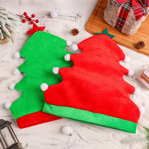 Novelty Christmas Tree Shaped Party Hat Felt Fabric Star Pom Poms Decorated Holiday Headwear For Adults Kids Celebration
