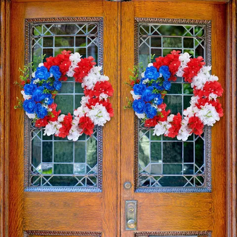 Independence Day Artificial Hydrangea Wreath Red White Blue Floral Hanging Decor For Fourth Of July Patriotic Home Party Decoration