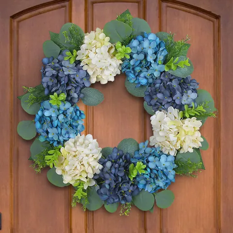 Blue And White Hydrangea Artificial Flower Wreath With Eucalyptus Leaves For Home Front Door Wall Wedding Party Wreath Decor