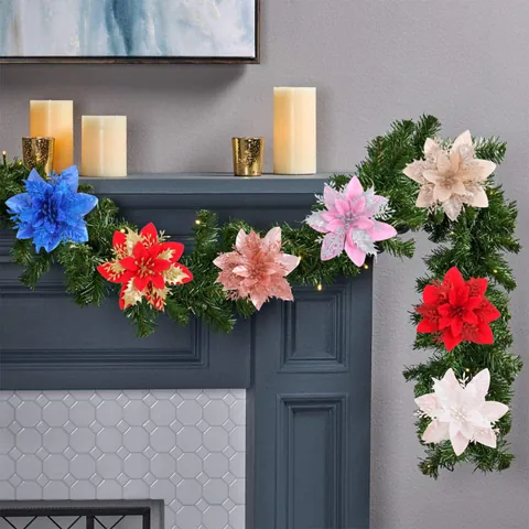 Fleurs De Poinsettia Artificielles Ornements D'arbre De Noël Paillettes Scintillant Plastique Polyester Décorations De Fête