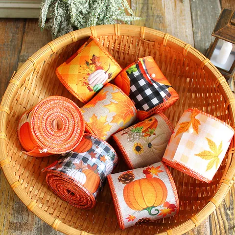 Thanksgiving Erntedankfest Band Kürbis Ahornblatt LKW Bedruckt Leinenoptik Polyester Dekoband Für Geschenkverpackung Herbst Home Deko