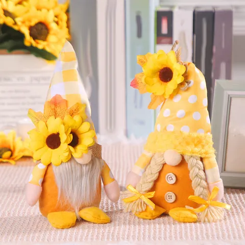 Autumn Sunflower Gnome Plush Doll Dwarf Ornaments Plaid Polka Dot Hat Harvest Thanksgiving Home Desktop Decoration