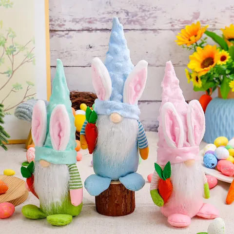 Handmade Easter Bunny Gnomes Decoration Swedish Tomte Plush Rabbit Ears Carrot Figurine Nordic Spring Seasonal Festival Ornaments