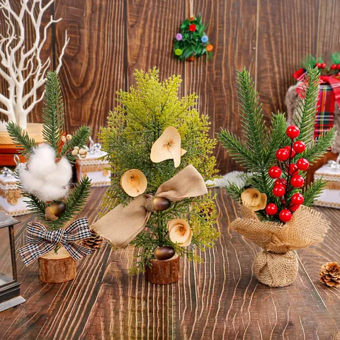 Mini Desktop Artificial Christmas Tree With Wood Base Rustic Tabletop Pine Tree For Xmas Window Display Home Holiday Decor