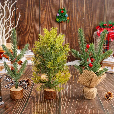 Mini Desktop Artificial Christmas Tree With Wood Base Rustic Tabletop Pine Tree For Xmas Window Display Home Holiday Decor