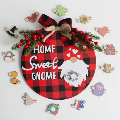 Interchangeable Wood Welcome Door Sign Buffalo Plaid Gnome Door Hanger Home Sweet Gnome Welcome Wall Decor Wreath For Front Door Home