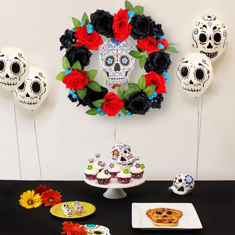 Tag Der Toten Halloween Kranz Rot Schwarz Rose Totenkopf Türbehang Mexikanische Volkskunst Gothic Party Wanddeko