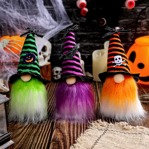 Halloween Gnome Plush Wizard Hat Ornaments Faceless Doll Desktop Decorations With Striped Hat Pumpkin Bat Patterns For Home Party Decor