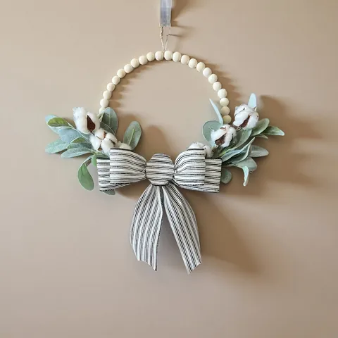 Farmhouse Wood Bead Wreath With Striped Bow Faux Lambs Ear Leaves And Cotton Bolls Spring Summer Front Door Wall Hanging Decor