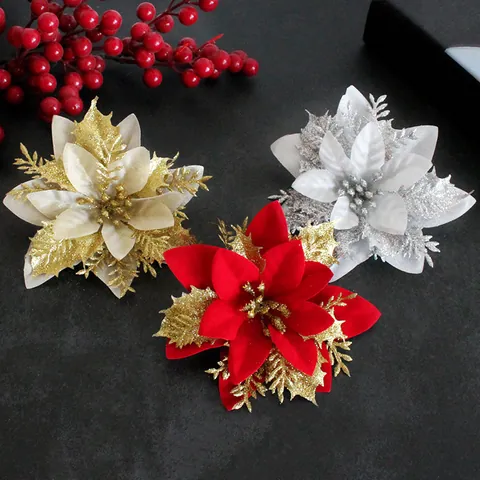 Fleurs De Poinsettia Artificielles Ornements D'arbre De Noël Paillettes Scintillant Plastique Polyester Décorations De Fête