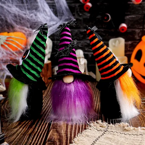 Halloween Gnome Plush Wizard Hat Ornaments Faceless Doll Desktop Decorations With Striped Hat Pumpkin Bat Patterns For Home Party Decor