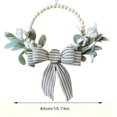 Farmhouse Wood Bead Wreath With Lamb's Ear Leaves Cotton Bolls Black White Striped Bow Wall Hanging Front Door Decor
