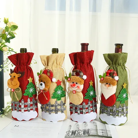 Funda para Botella de Vino de Navidad Bolsa de Arpillera con Cordón Aplique 3D Papá Noel Muñeco de Nieve Reno Oso Decoración Mesa Fiesta Regalo