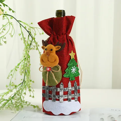 Funda para Botella de Vino de Navidad Bolsa de Arpillera con Cordón Aplique 3D Papá Noel Muñeco de Nieve Reno Oso Decoración Mesa Fiesta Regalo