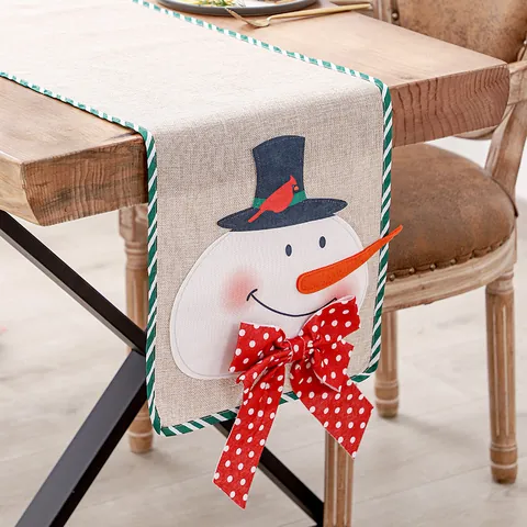Christmas Linen Table Runner Santa Claus Snowman Pattern Striped Edge Burlap Tablecloth For Festival Dining Party Decor