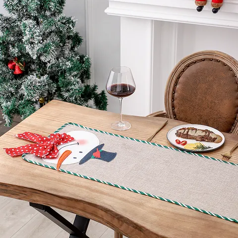 Christmas Linen Table Runner Santa Claus Snowman Pattern Striped Edge Burlap Tablecloth For Festival Dining Party Decor