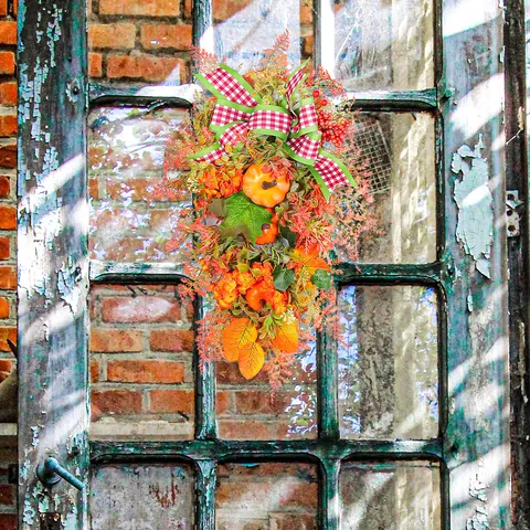Autumn Thanksgiving Artificial Wreath Pumpkin Maple Leaf Red Plaid Bow Fall Harvest Door Hanging Decoration Swag