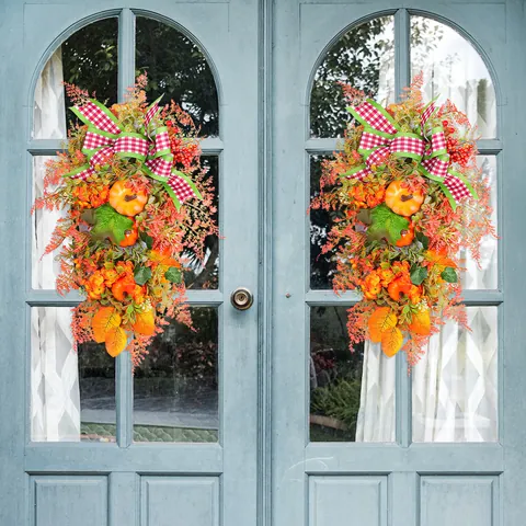 Autumn Thanksgiving Artificial Wreath Pumpkin Maple Leaf Red Plaid Bow Fall Harvest Door Hanging Decoration Swag
