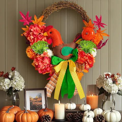 Thanksgiving Chicken Doll Wreath Maple Leaf Hydrangea Pumpkin Door Hanging Autumn Harvest Decor Rattan Ring Wreath