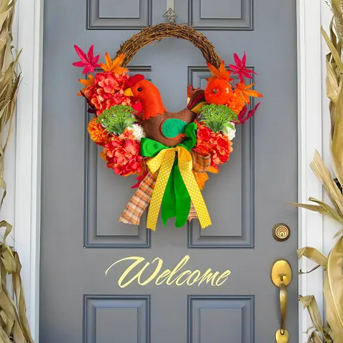 Thanksgiving Chicken Doll Wreath Maple Leaf Hydrangea Pumpkin Door Hanging Autumn Harvest Decor Rattan Ring Wreath