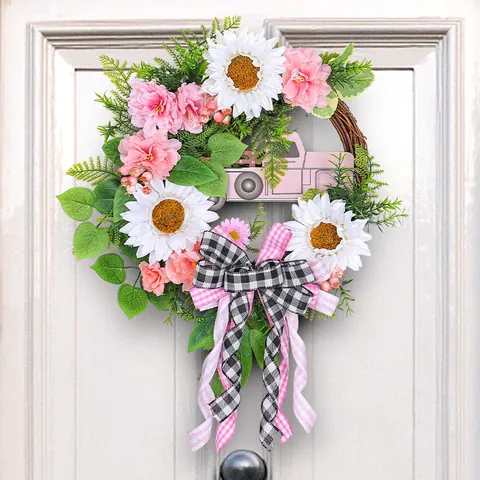 Pink Truck Christmas Wreath Front Door Hanging Sunflower Plaid Bow Garland For Home Mall Window Display Holiday Ornament