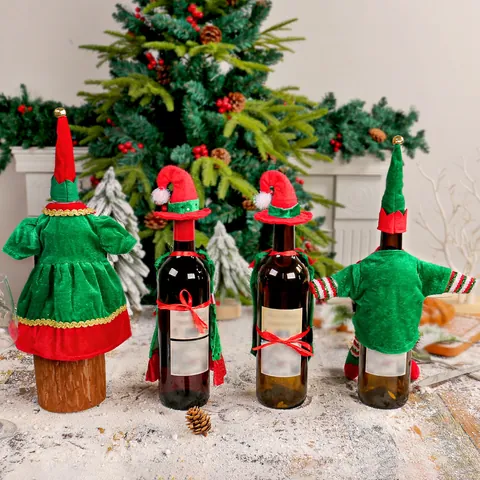 Weihnachts Elf Weinflaschenüberzug Samt Filz Mini Hut Kleid Kleidung Feiertag Party Esstisch Dekoration