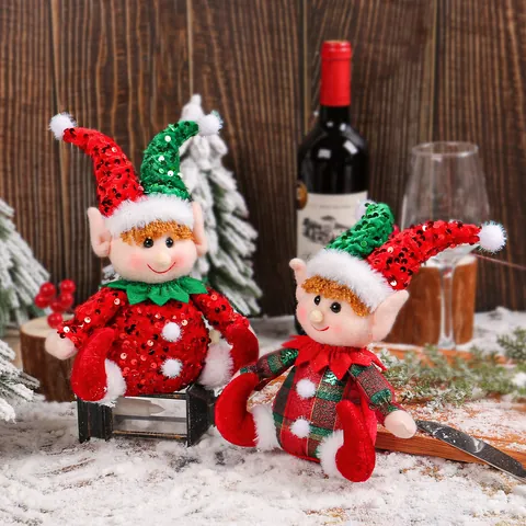 Cute Christmas Elf Sitting Doll Ornament With Sequin Hat Plaid Body Rudolph Figurine For Festive Home Window Display Decor