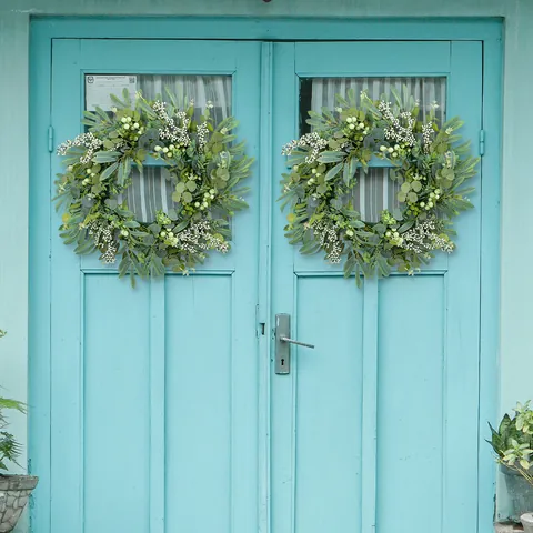 Artificial Eucalyptus Berry Wreath Green Leaf White Berries For Front Door Wall Farmhouse Home Decor Rustic Natural