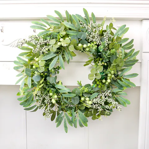 Artificial Eucalyptus Berry Wreath Green Leaf White Berries For Front Door Wall Farmhouse Home Decor Rustic Natural