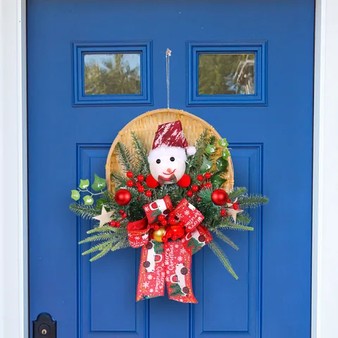Christmas Wreath Bamboo Basket Wall Hanging With Santa Snowman Reindeer Artificial Pine Needles And Berries For Front Door Decor