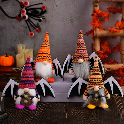Halloween Bat Wing Gnome Plush Knitted Faceless Doll Tabletop Decoration Holiday Party Ornament Christmas Ghost Festival Gift