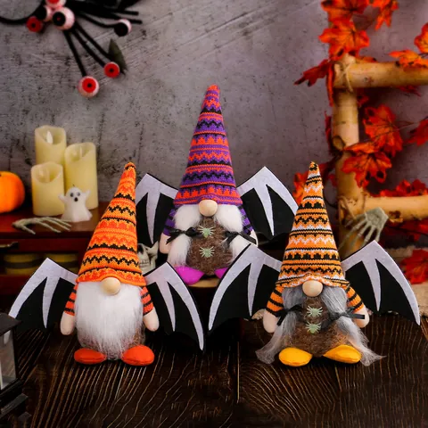 Halloween Bat Wing Gnome Plush Knitted Faceless Doll Tabletop Decoration Holiday Party Ornament Christmas Ghost Festival Gift