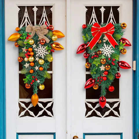 Christmas Teardrop Swag Artificial Greenery Garland With Red Bow Wood Snowflake Ornaments For Front Door Wall Window Xmas Festive Decoration