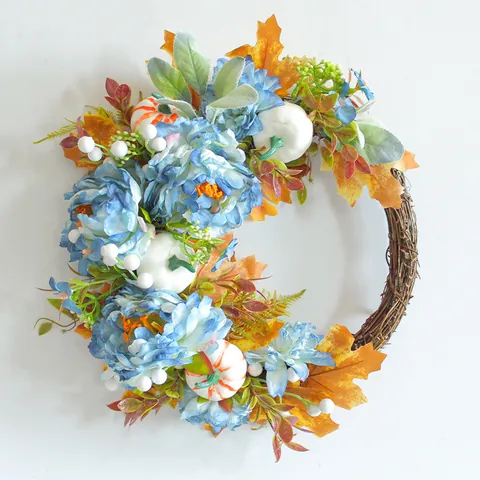 Harvest Festival Artificial Peony Pumpkin Wreath Silk Flower Maple Leaf Garland For Thanksgiving Autumn Home Door Decor