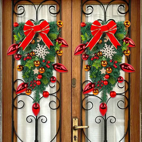 Christmas Teardrop Swag Artificial Greenery Garland With Red Bow Wood Snowflake Ornaments For Front Door Wall Window Xmas Festive Decoration