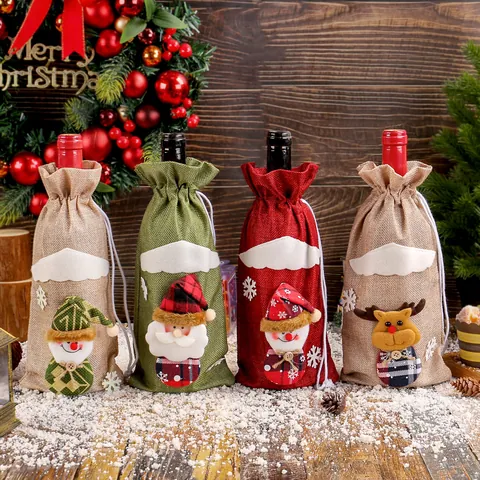 3D Cartoon Santa Snowman Reindeer Wine Bottle Cover Linen Fabric Drawstring Gift Bag For Christmas Party Table Decoration Home Decor Festive Supplies