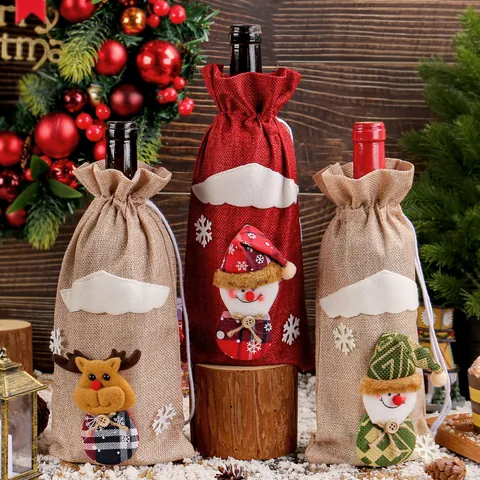 3D Cartoon Santa Snowman Reindeer Wine Bottle Cover Linen Fabric Drawstring Gift Bag For Christmas Party Table Decoration Home Decor Festive Supplies