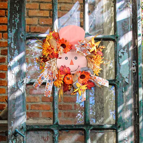 Autumn Harvest Festival Scarecrow Pumpkin Wreath Thanksgiving Halloween Wooden Sign Decoration For Front Door Home Decor