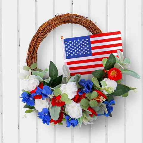 Independence Day Wreath Patriotic American Flag Red White Blue Flowers Natural Vine Front Door Decoration Hanging Ornament