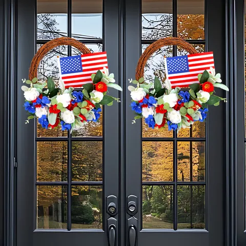 Independence Day Wreath Patriotic American Flag Red White Blue Flowers Natural Vine Front Door Decoration Hanging Ornament