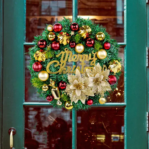 Guirnalda de Navidad Artificial Colgador de Puerta Merry Christmas Con Bolas Rojas Doradas Flores Para Decoración Hogar