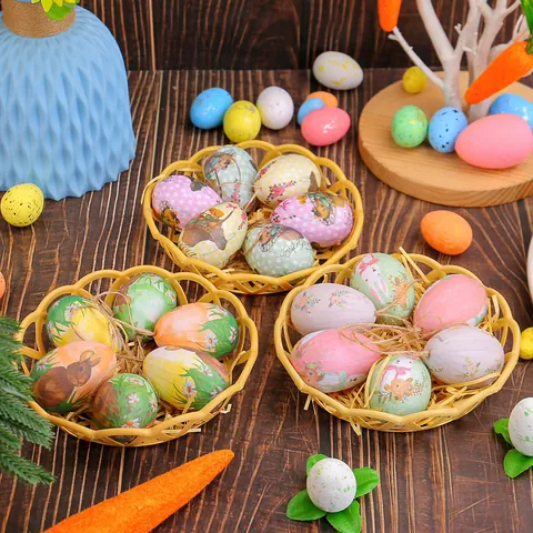 Easter Decoration Set Foam Hanging Eggs With Woven Basket Bunny Butterfly Floral Pattern For Holiday Party Home Decor Ornaments
