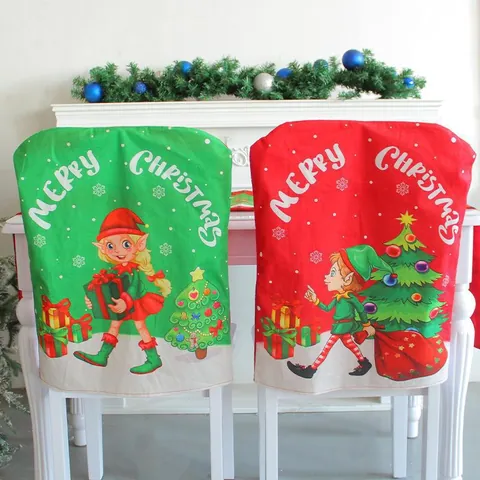Christmas Dining Chair Back Covers Cartoon Elf Printed Chair Protector Fabric Seat Case For Holiday Party Home Decor