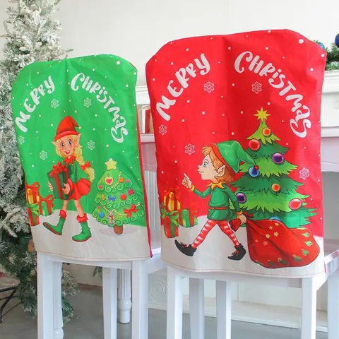Christmas Dining Chair Back Covers Cartoon Elf Printed Chair Protector Fabric Seat Case For Holiday Party Home Decor