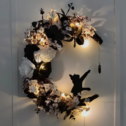 Halloween Moon Wreath With LED Lights Black And White Roses Black Cat Silhouette Rattan Branch Gothic Wall Door Hanging