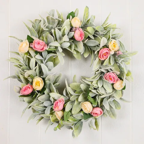 Handmade Artificial Lambs Ear Wreath With Pink Roses Silk Flowers For Front Door Decor Rustic Summer Easter Wall Hanging