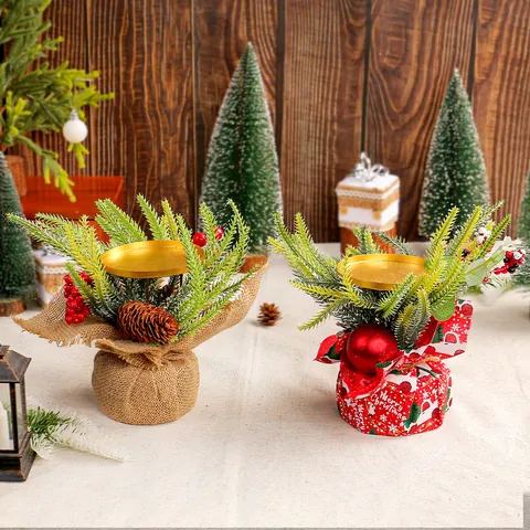 Christmas Small Candle Holder Metal Tray Pine Cone Red Berry Desktop Ornament Festive Holiday Tabletop Decoration