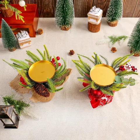 Christmas Small Candle Holder Metal Tray Pine Cone Red Berry Desktop Ornament Festive Holiday Tabletop Decoration