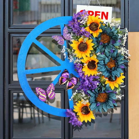 Rustic Blue Wooden Wheel Wreath With Artificial Sunflowers And Butterflies Spring Bee Festival Front Door Wall Hanging Decor